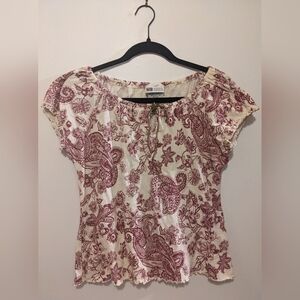 Vintage Faded Glory Red and Cream Western Paisley Puff Sleeve Peasant Blouse S